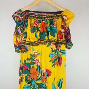 Flying Tomato Medium Mustard Yellow Dress Midi Boho Off Shoulder Floral Rayon
